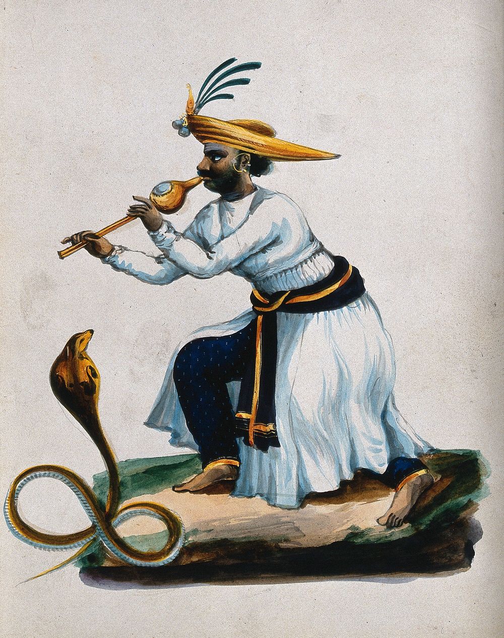 An Indian snake charmer. Gouache painting by an Indian painter.