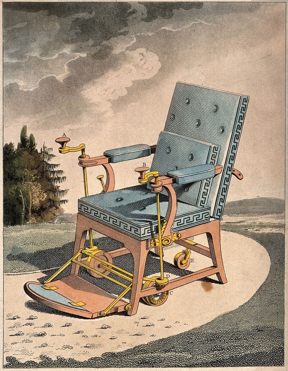Merlin's mechanical chair for the elderly or infirm: the design incorporates hand-cranks, wheels, gears and an adjustable…
