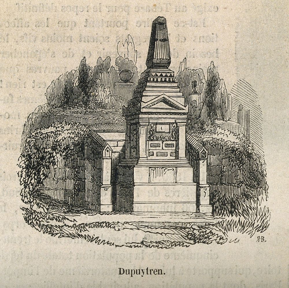 Guillaume, Baron Dupuytren: his tomb at Père Lachaise Cemetery. Wood engraving by Best, Leloir, Hotelin, and Régnier.