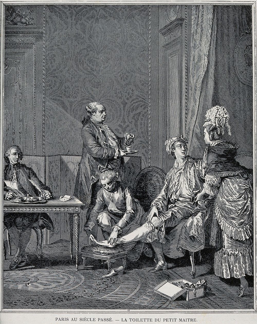 A seated man being dressed by a male servant while he talks with a woman on his left; a man holding a cup and saucer looks…