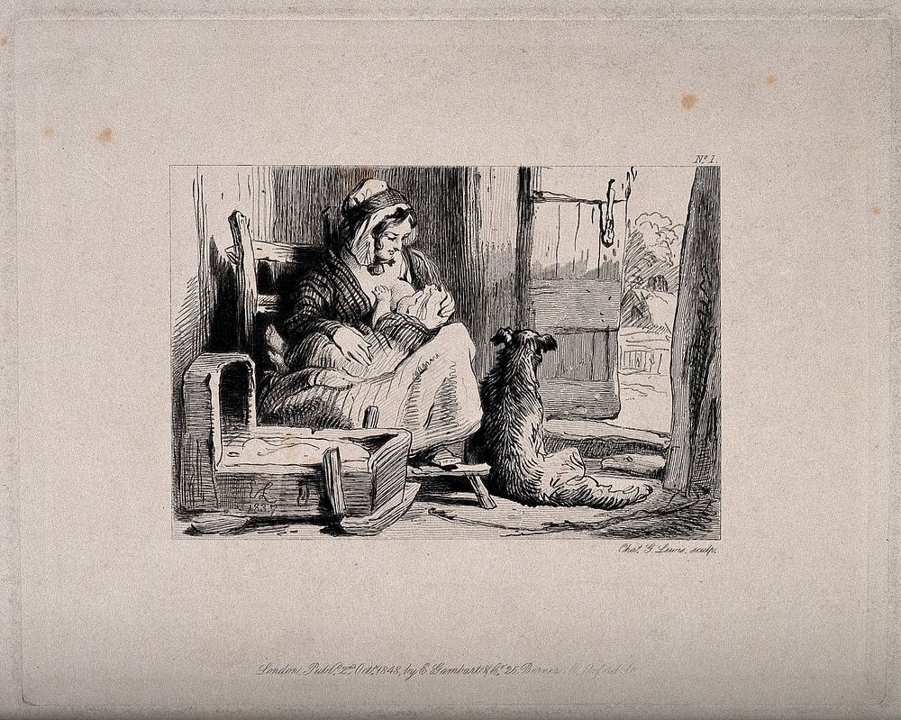A woman breast feeding her baby, with a dog sitting next to them in a rural setting. Etching by C. Lewis, 1848, after Sir E.…
