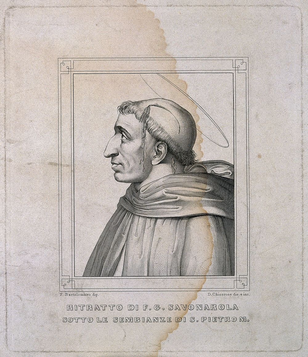 Girolamo Savonarola. Line engraving by D. Chiossone after Fra Bartolommeo.