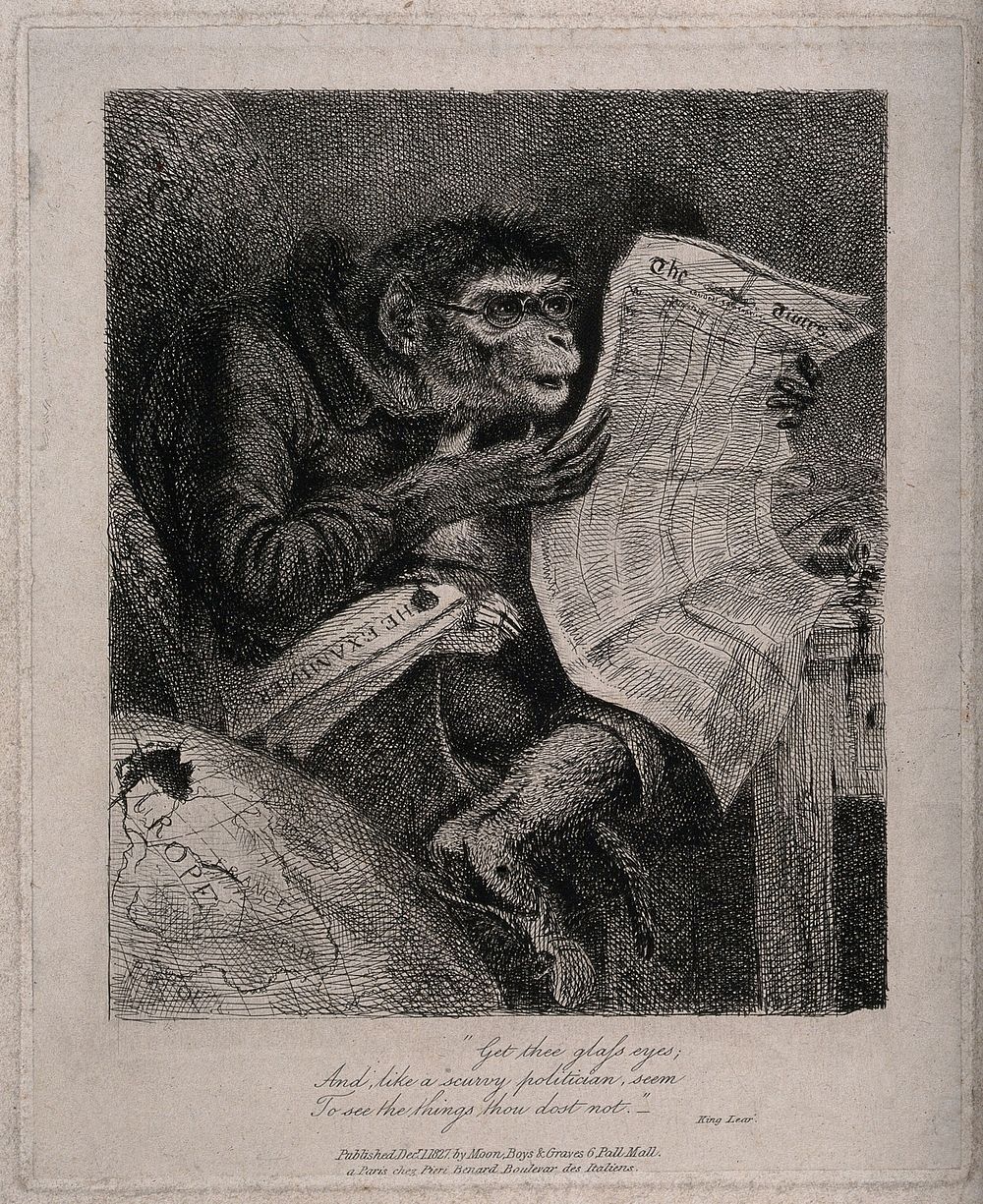 A monkey wearing spectacles reads the Times newspaper, with the Examiner under his arm, sitting beside a globe. Etching by…