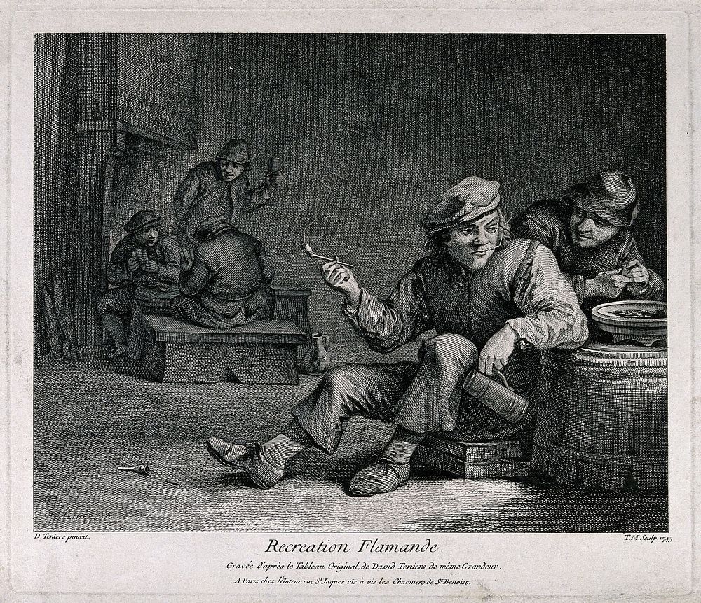A man sits on a low box with smoking pipe and tankard in hand; others in the room smoke and drink. Engraving by T. Major…