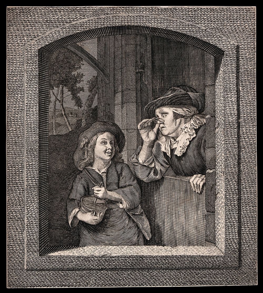 A boy plays his 'rommelpot' to an old woman who peers over her spectacles. Line engraving.