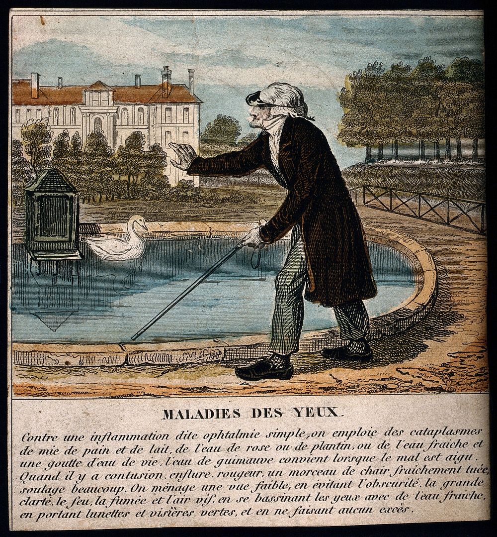 An old man walks with the aid of a stick and a visor to protect his eyes, printed text providing advice on eye illness and…