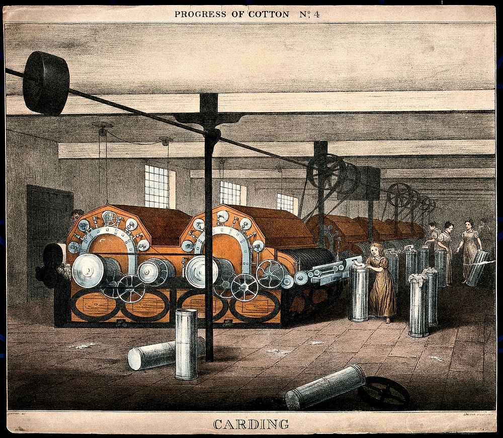 Women and children operating cotton-carding machines in a factory. Coloured lithograph after J.R. Barfoot.