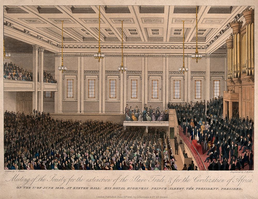 A crowd gathered in Exeter Hall, London, to hear speakers on the abolition of the slave trade. Coloured engraving by J.…