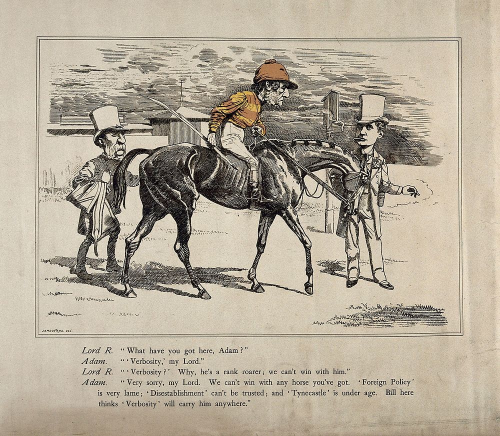 Lord Rosebery as a racehorse-owner conversing with his trainer (William Patrick Adam) about the prospects of a horse ridden…