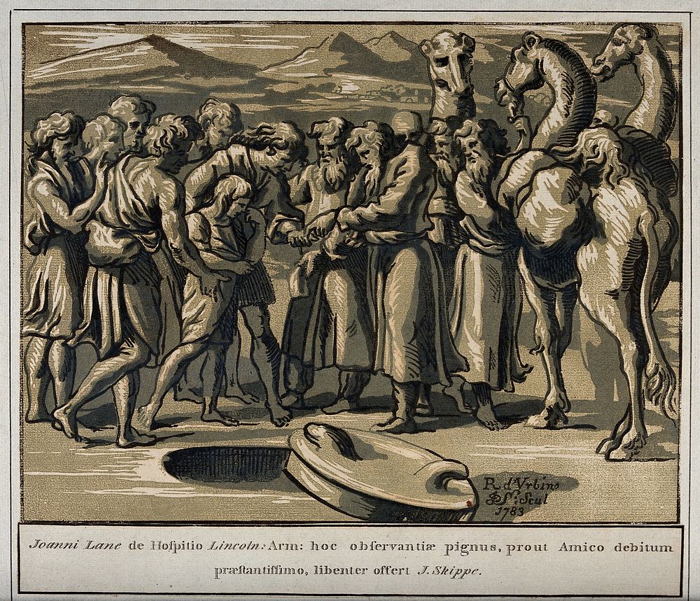 Jacob sold by his brothers. Colour woodcut by J. Skippe, 1783, after Raphael.
