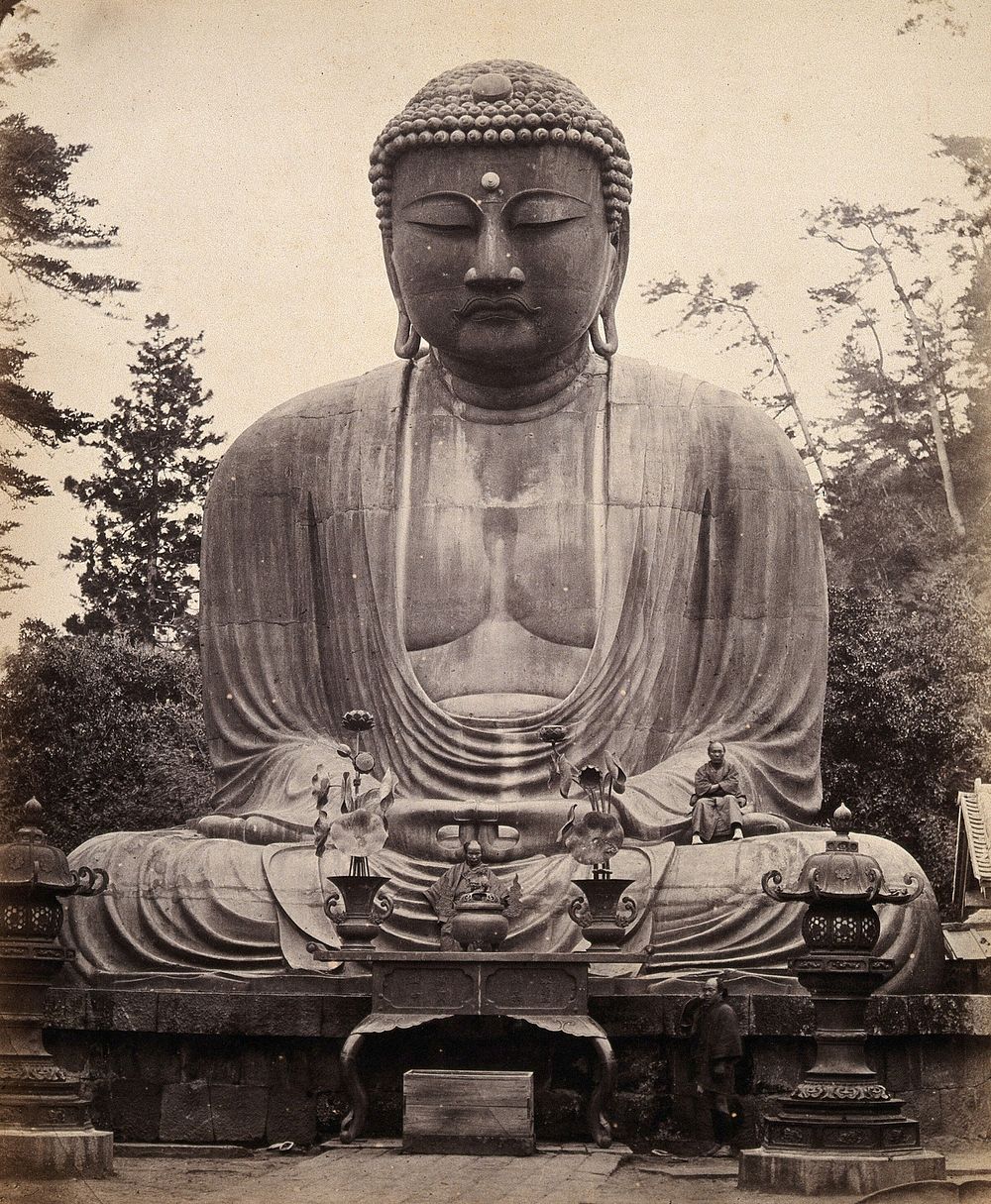 The bronze statue of Dai-Bouts, near Kamakura, Japan. Photograph by Felice Beato, ca. 1868.