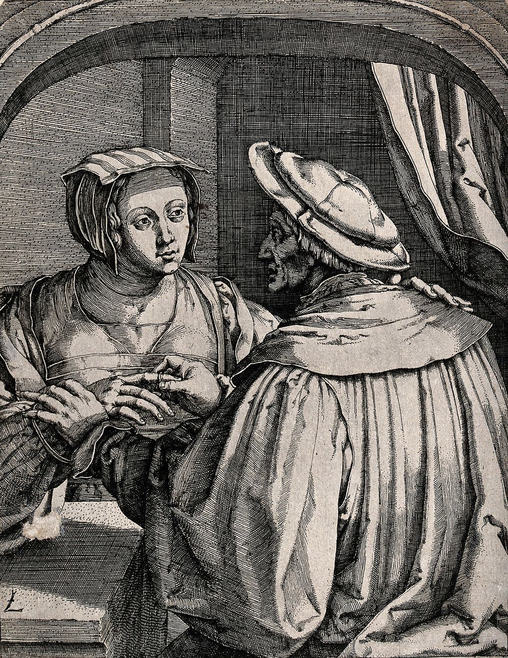 A man holds a woman's wrist and places a ring on her finger. Engraving.