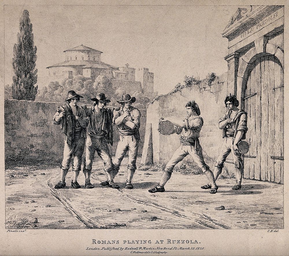 Young men playing a outdoor bowling game with round discs. Lithograph by C. Hullmandel after Pinelli.