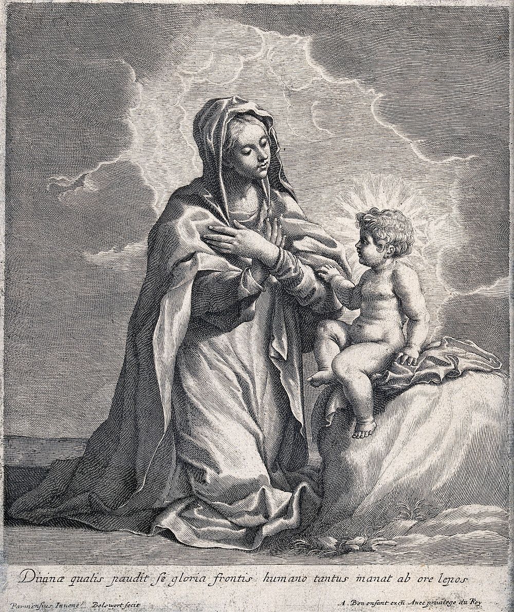 Saint Mary (the Blessed Virgin) with the Christ Child. Engraving by S.A. Bolswert.