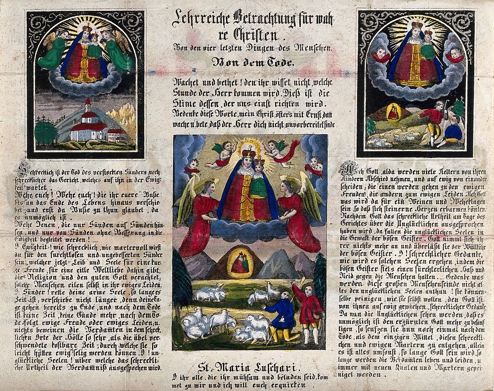 Three images of the Virgin of Luschari appearing to shepherds; above a monastery with a text pertaining to death. Coloured…