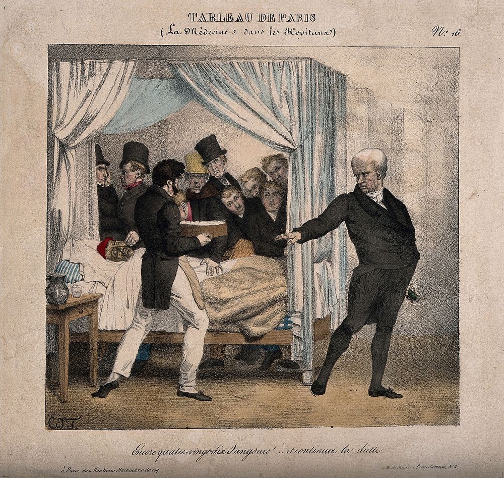 A doctor prescribes another ninety leeches for a sick, bedbound man; gentlemen crowd around the bed. Coloured lithograph by…