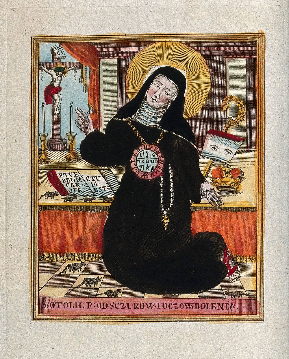 Saint Odilia as protector against eye-pain and rat infestation. Coloured etching, ca. 1800.