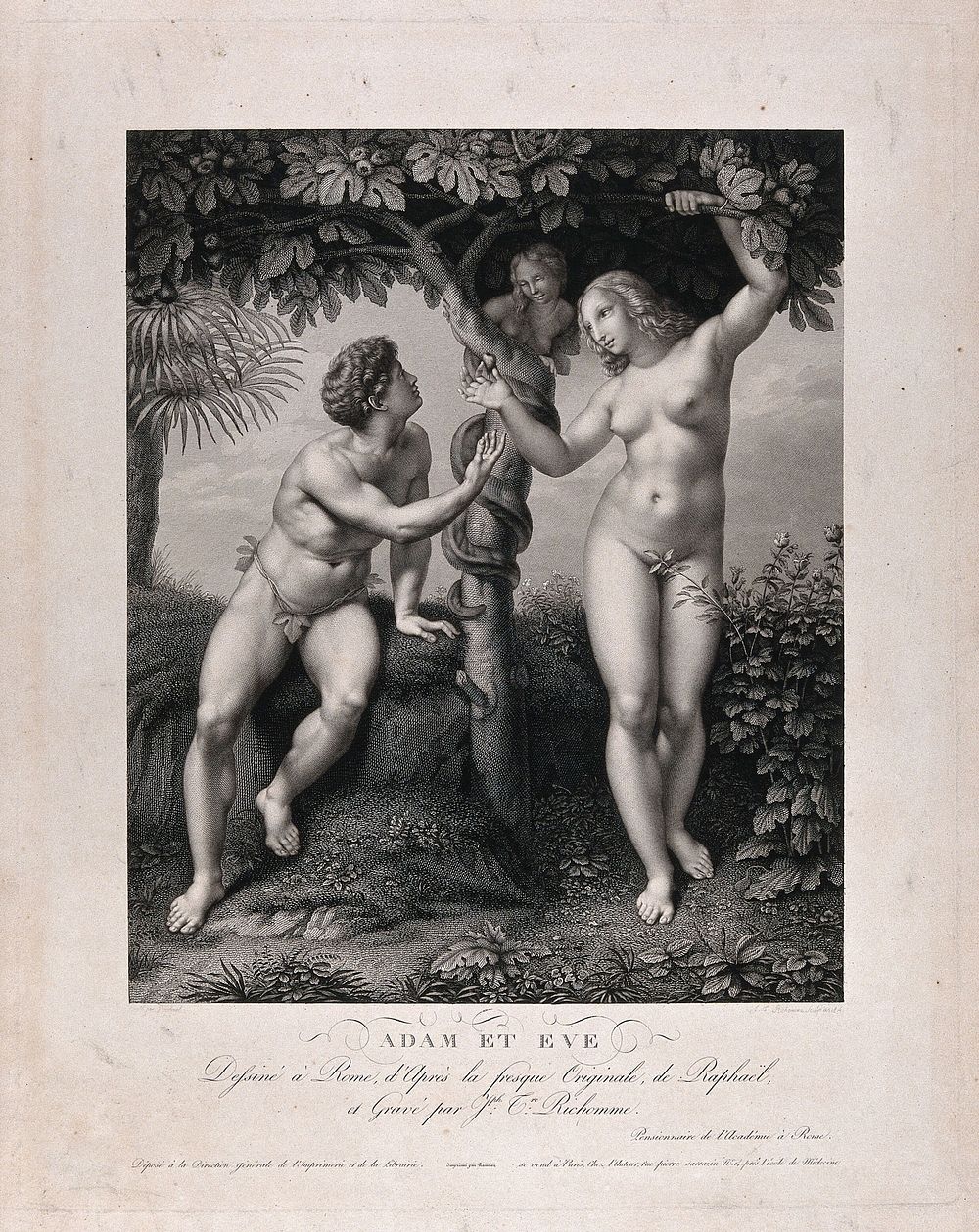 A serpent/woman coils around the tree of life which stands between Adam and Eve. Engraving by J.T. Richomme, 1814, after…
