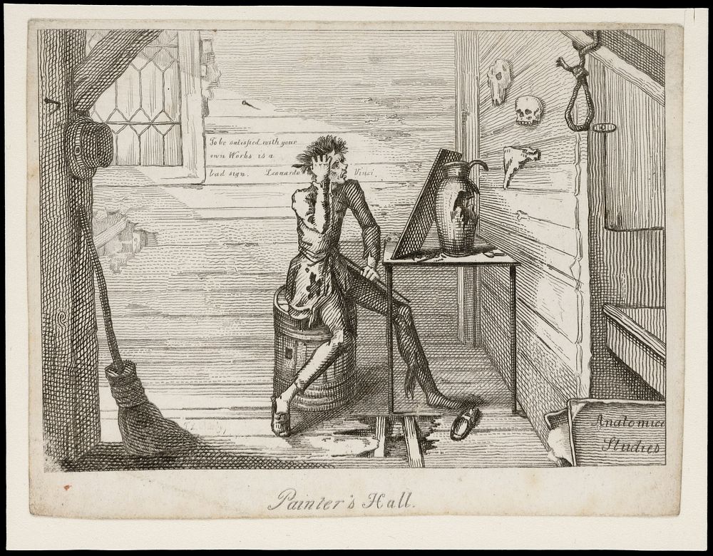A poor painter seated at a canvas contemplates suicide. Etching by T.L. Busby, ca. 1826.