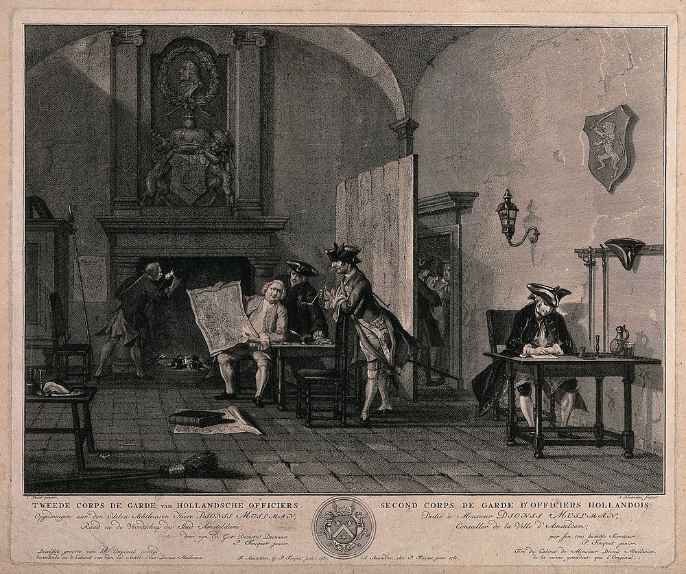 A guardroom: an officer holds up a map to show to a man smoking a long pipe, another man sits at a writing desk, others talk…