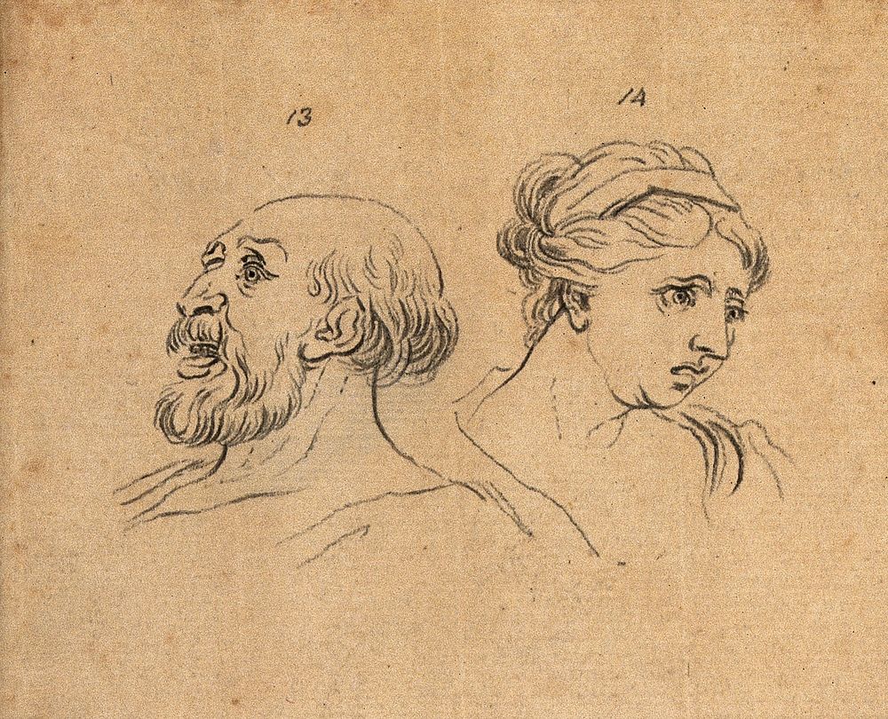 The profile of an imaginative man in a state of fear (left), and a woman afraid (right). Drawing, c. 1789.