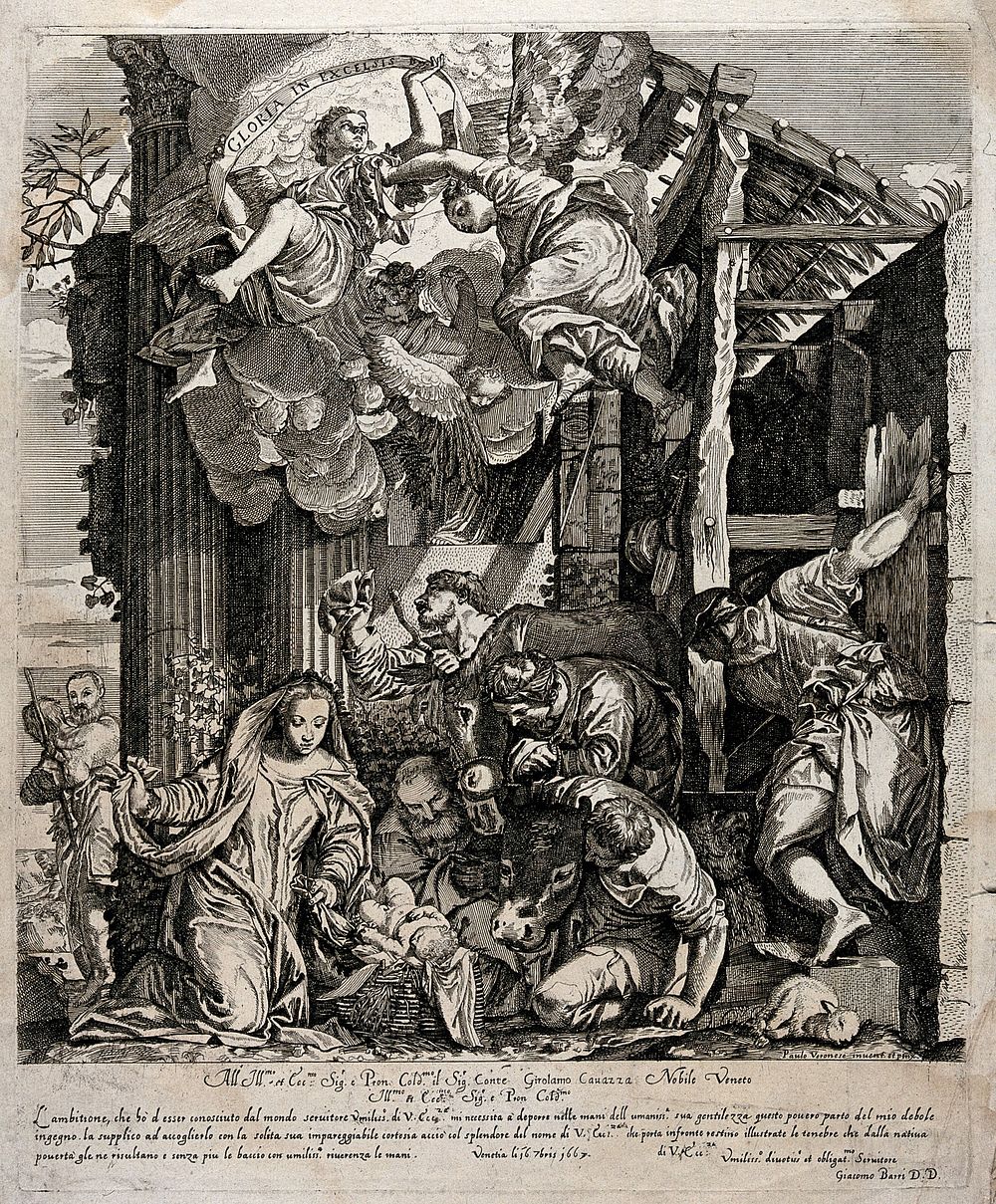 The adoration of the shepherds at the birth of Christ. Etching by G. Barri, 1667, after Paolo Caliari, il Veronese.
