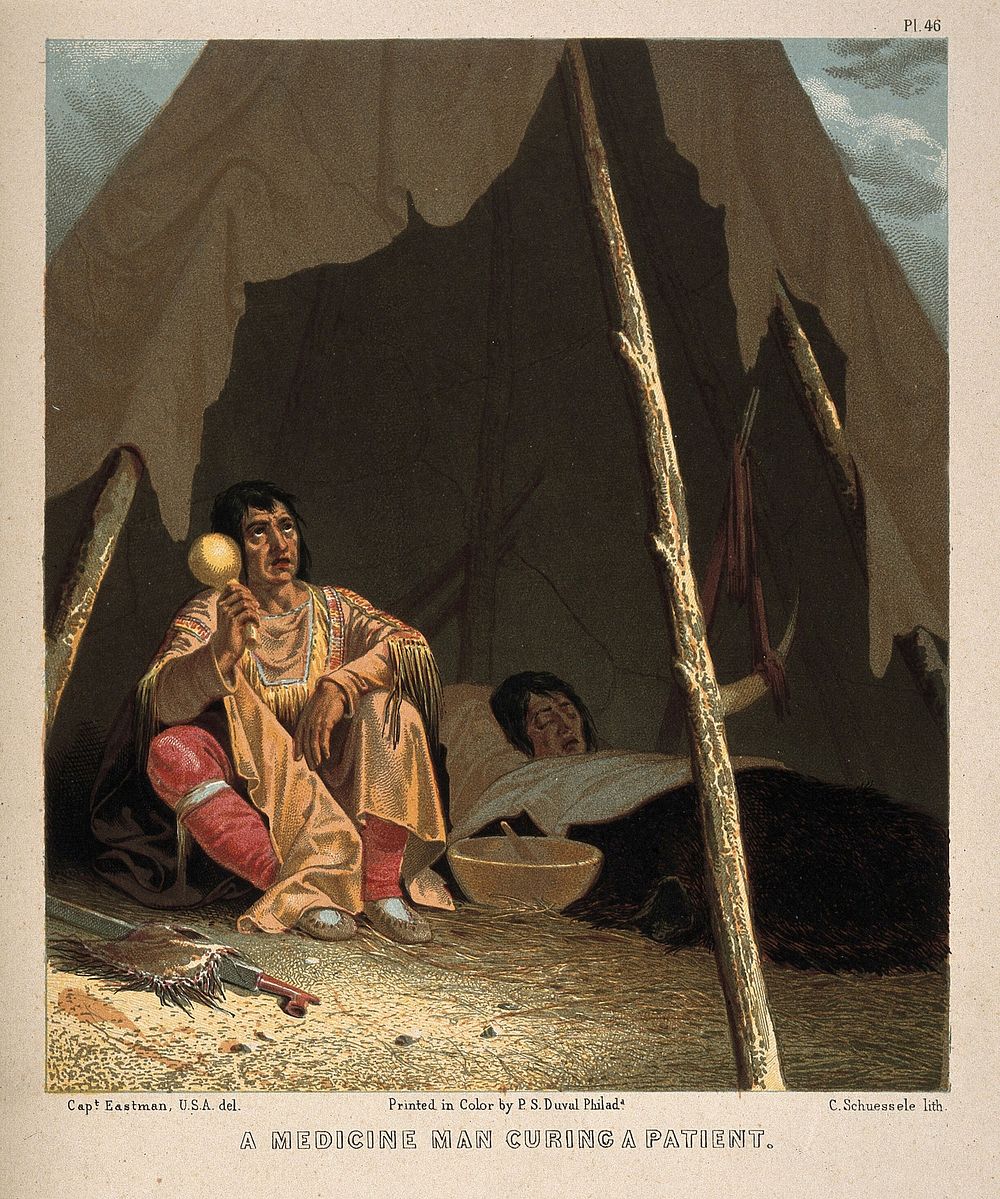 A native North American shaman or medicine man healing a patient. Chromolithograph by C. Schuessele after Captain Eastman.