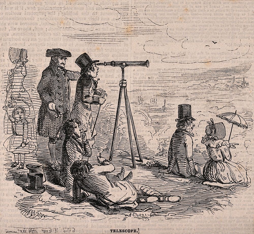 A Greenwich Pensioner, on Greenwich Hill, showing trippers the view with a telescope, and offering clay pipes for sale .…