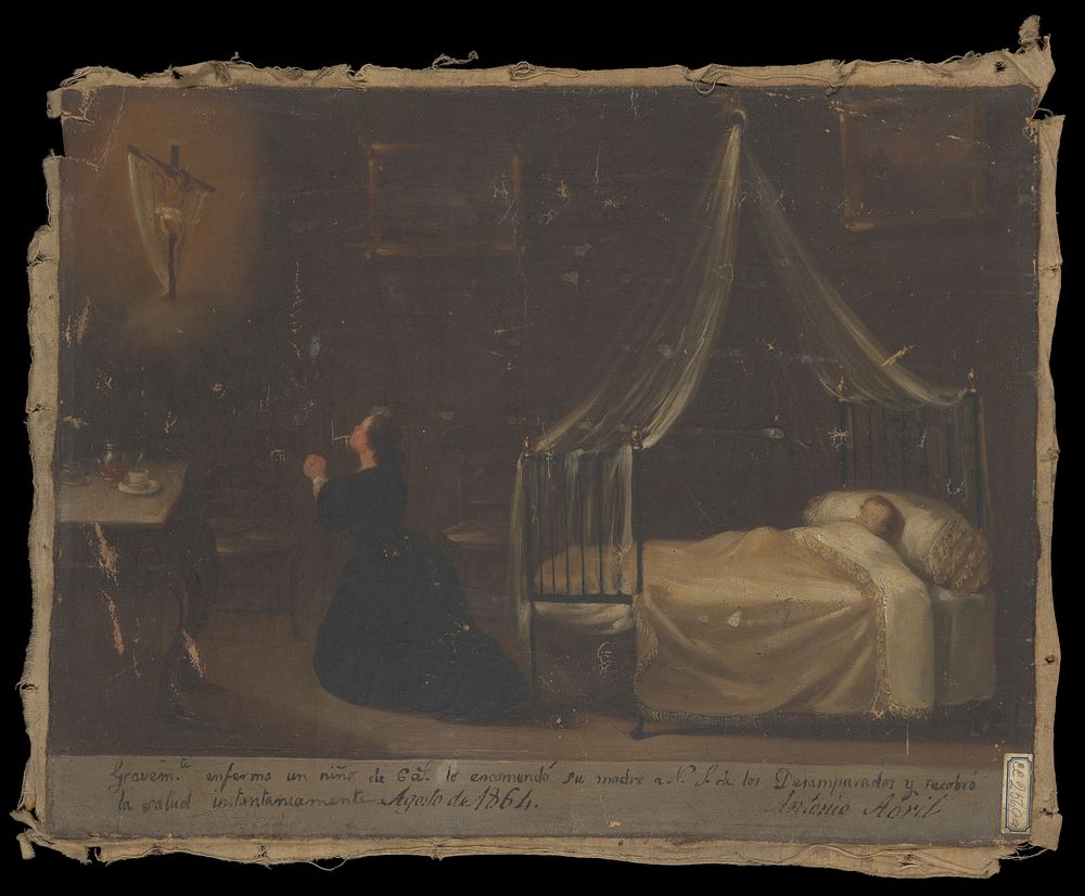 Antonio Abril, a child aged six years, being cured instantly after his mother had prayed to the Virgin, 1863. Oil painting…