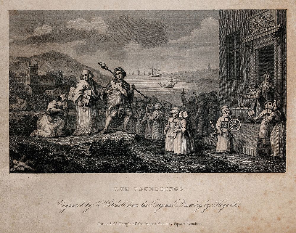 Foundling Hospital: Captain Coram and several children, the latter carrying implements of work, a church and ships in the…