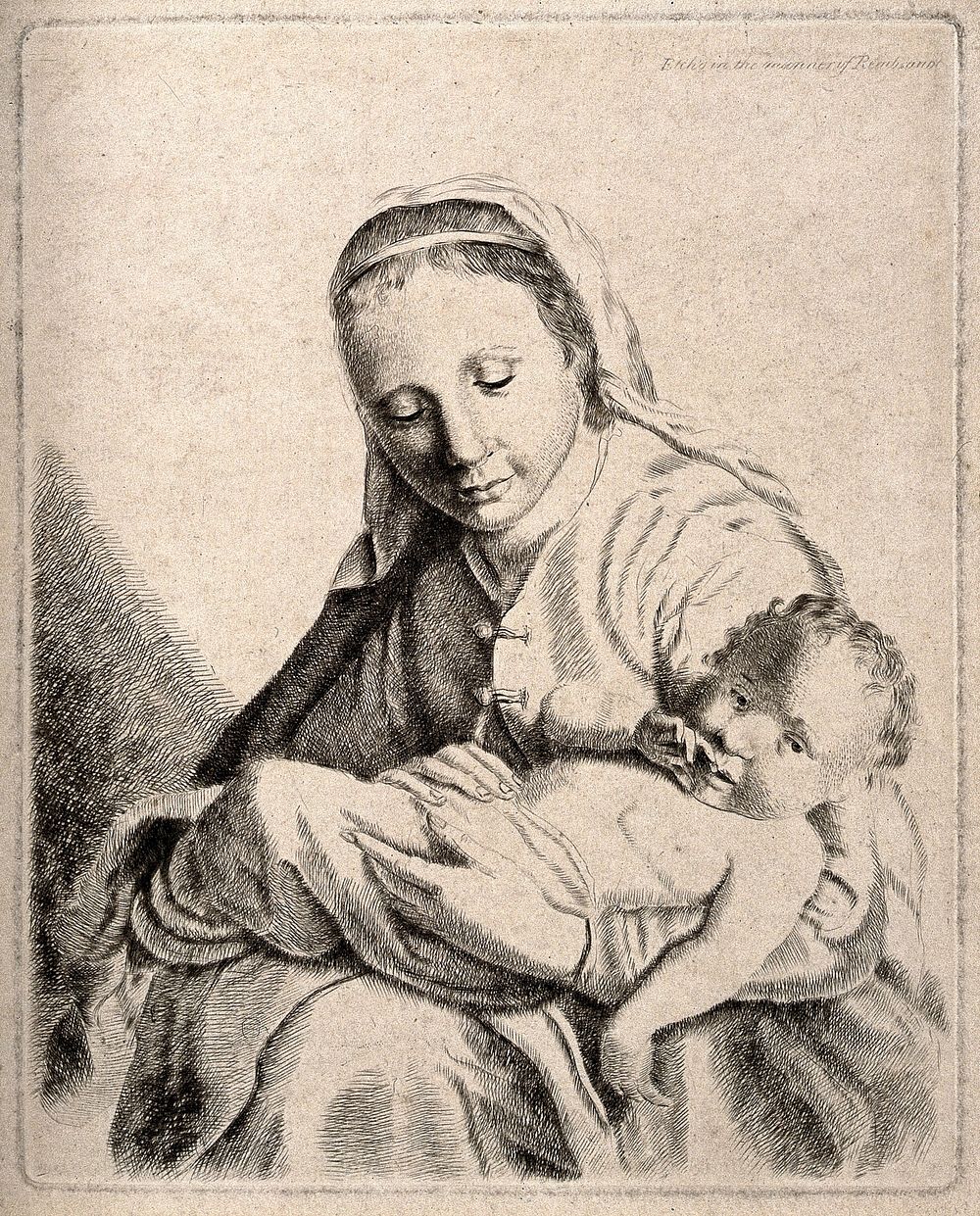 A woman lovingly holding her baby. Etching.