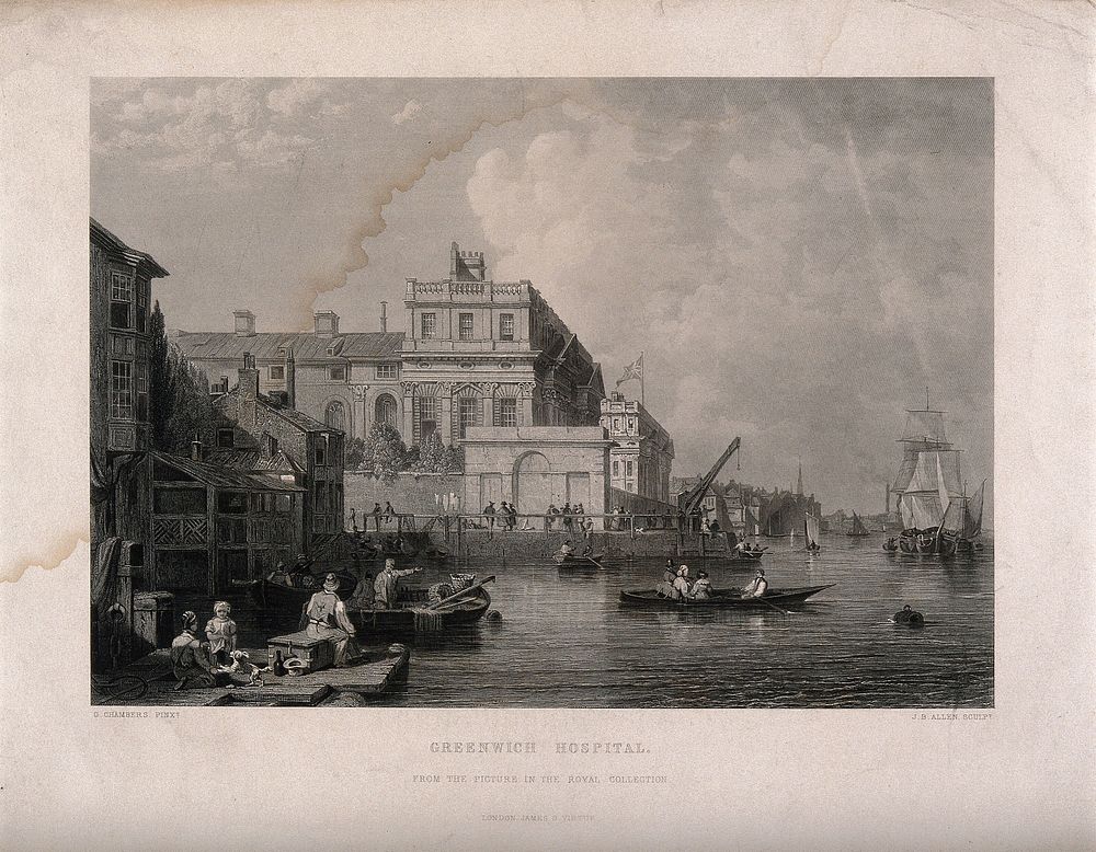 Royal Naval Hospital Greenwich: viewed from down river, with boats in the foreground. Engraving by J. B. Allen after G.…