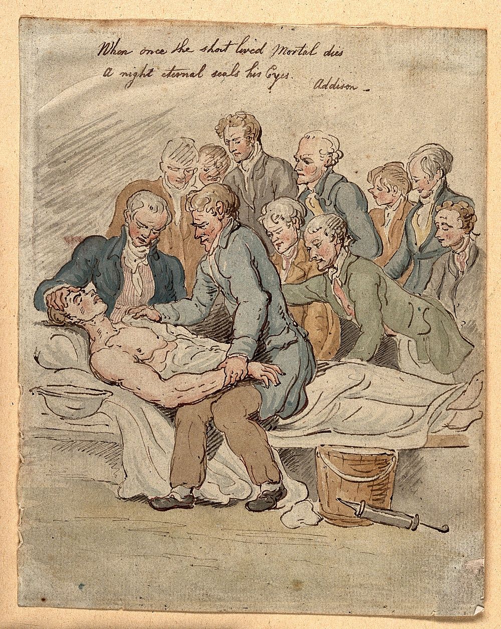 A group of doctors and medical students surround a dying patient. Watercolour attributed to T. Rowlandson.