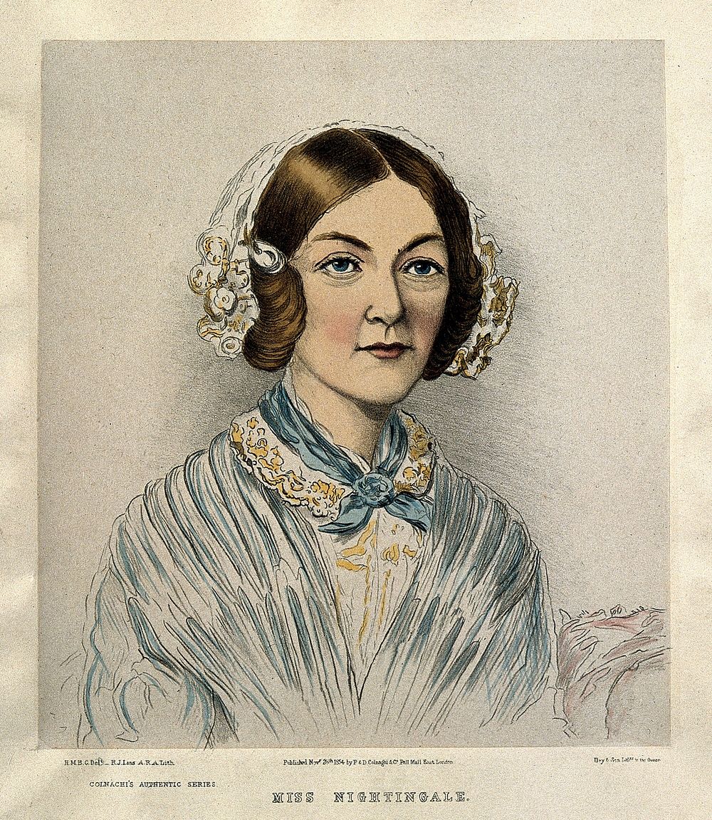 Florence Nightingale. Coloured lithograph by H.M. Bonham-Carter, 1854.