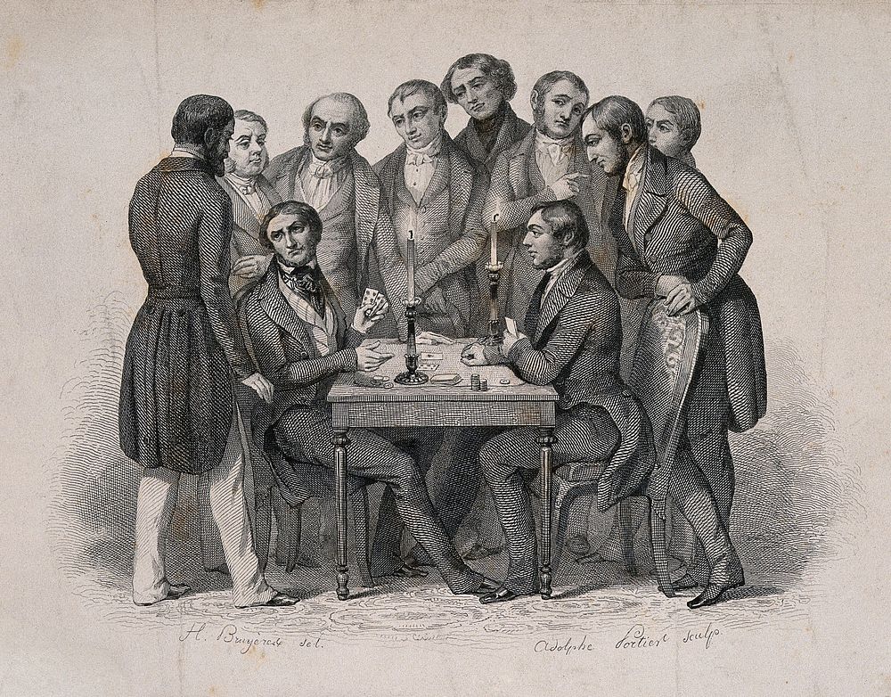 A crowd watches as two men gamble; representing the phrenological faculty of acquisitiveness. Steel engraving by L.A.…