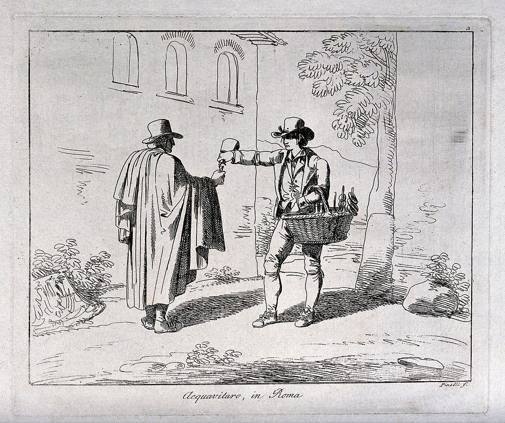 A brandy vendor in Rome is pouring out a drink for a traveller. Etching by B. Pinelli.