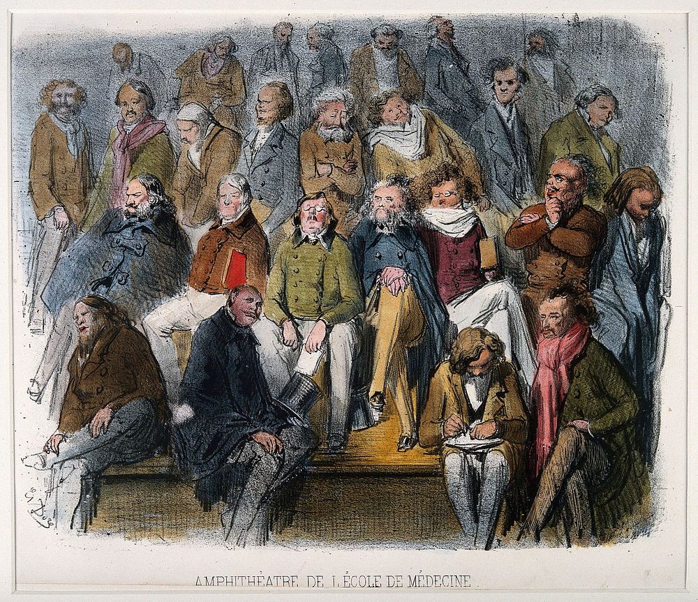 School of Medicine, Paris: interior view showing doctors attending a lecture in the amphitheatre. Coloured lithograph by G.…