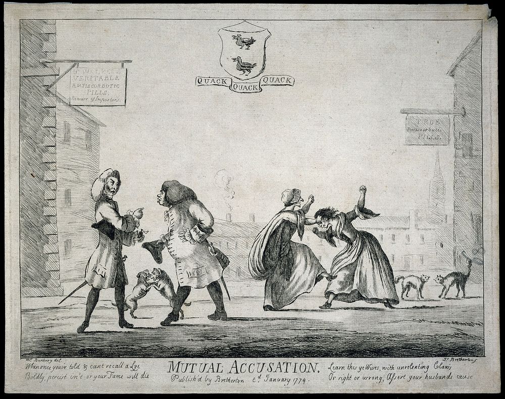 Two medicine vendors, their wives, cats and dogs arguing about the merits of their antiscorbutic pills. Etching by J.…