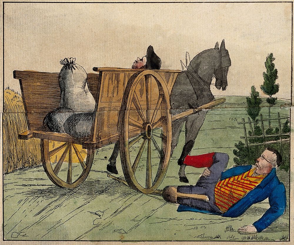 A one-legged man is knocked down by a horse-drawn cart that crushes his wooden leg under its wheels. Coloured etching.