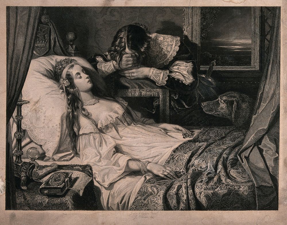 A young man laments the death of a young woman. Engraving by J. Brown after T. J. Barker, c.1834.