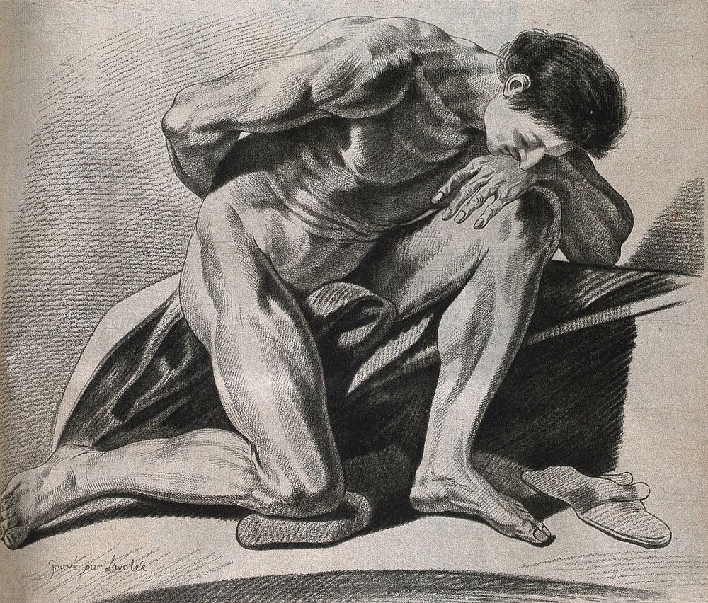 A kneeling male nude shown looking down to the floor, his head resting on his hand. Crayon manner print by Lavalée after J.…