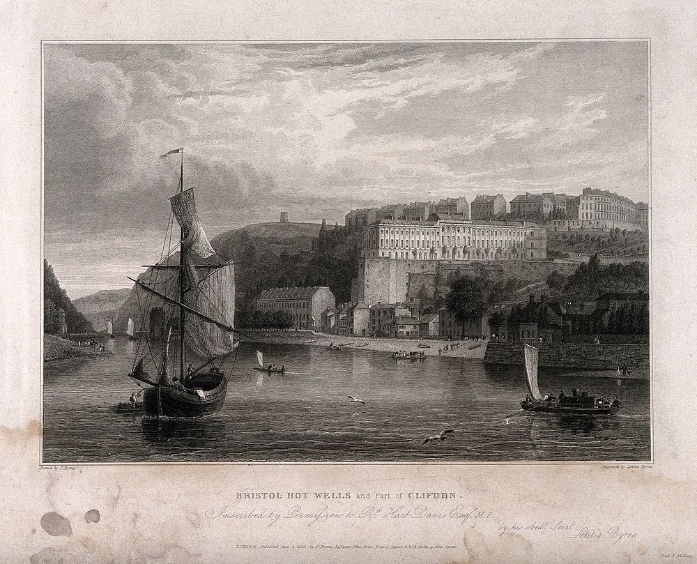 Harbour view of Hot Wells, Bristol and part of Clifton. Line engraving by Letitia Byrne after J. Byrne.
