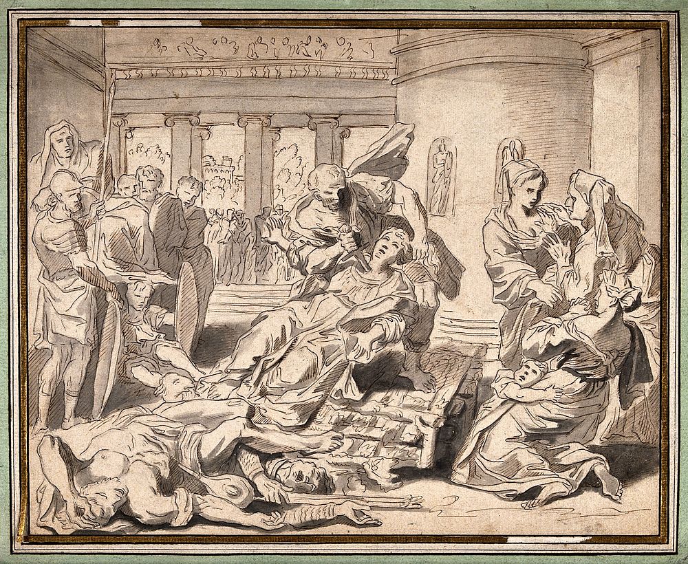The martyrdom of Saint Agnes. Pen and ink drawing by F. Rosaspina  after D. Zampieri, il Domenichino, 1619-21.