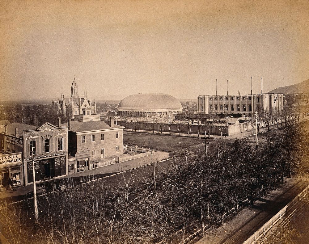 Temple Block, Salt Lake City, Utah: showing the Tabernacle, the Assembly Hall, and the Salt Lake Temple under construction.…