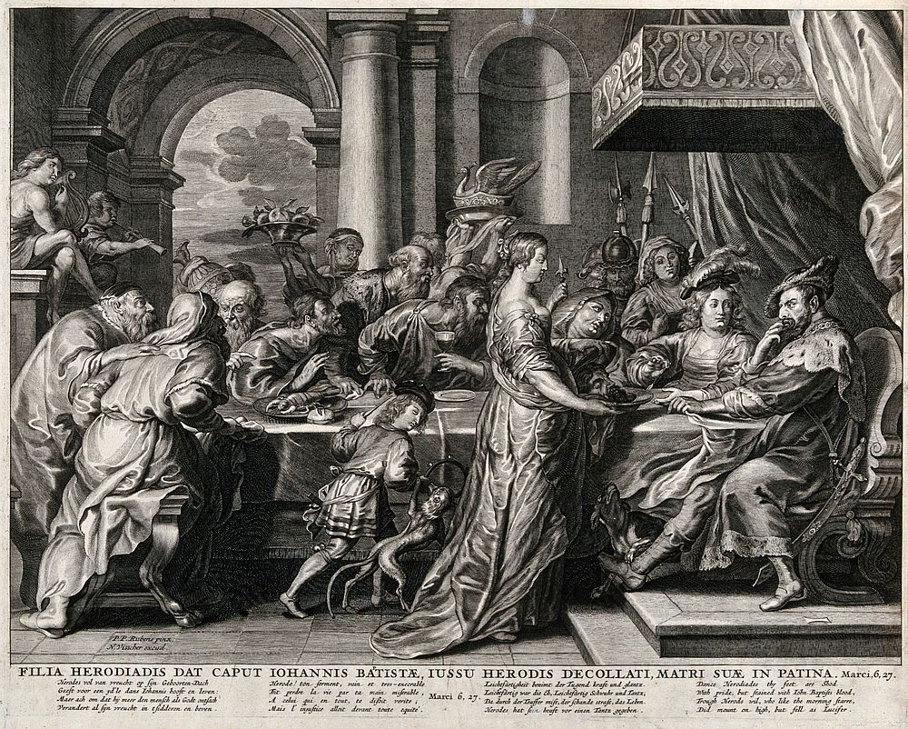 Salome shows the head of John the Baptist to her parents at the feast. Engraving, 1652, after P.P. Rubens.