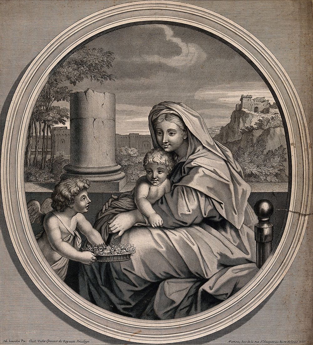 Saint Mary (the Blessed Virgin) with the Christ Child and an angel. Engraving by G. Vallet after S. Bourdon.