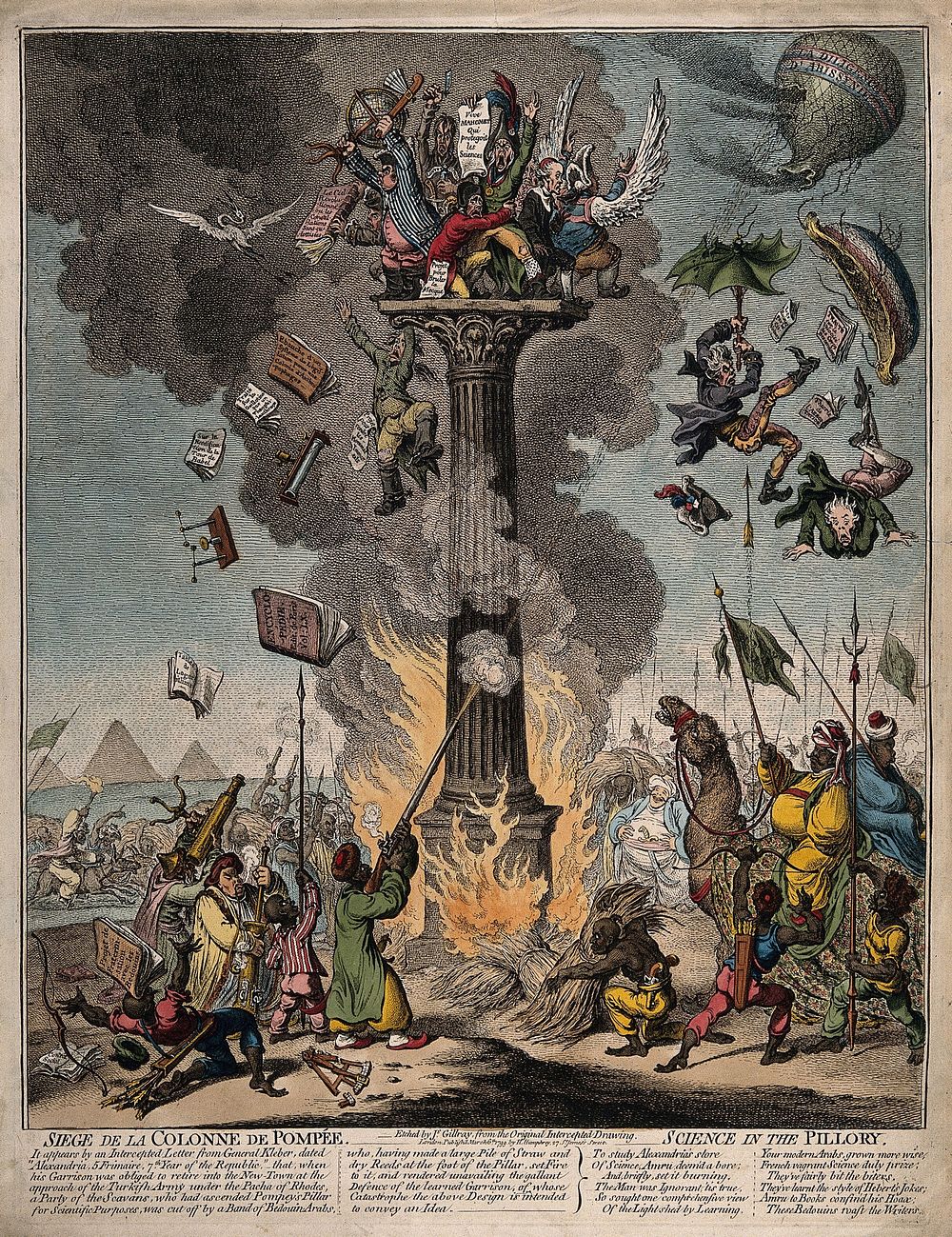 French savants huddled together at the top of a column, while a band of Bedouin Arabs set fire to it below; exaggerating the…