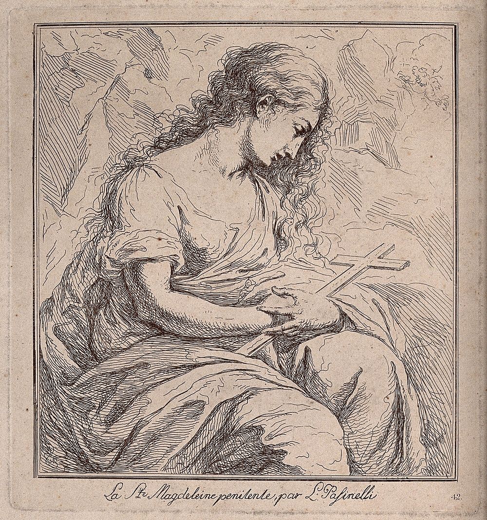 Saint Mary Magdalen in penitence. Etching after L. Pasinelli.