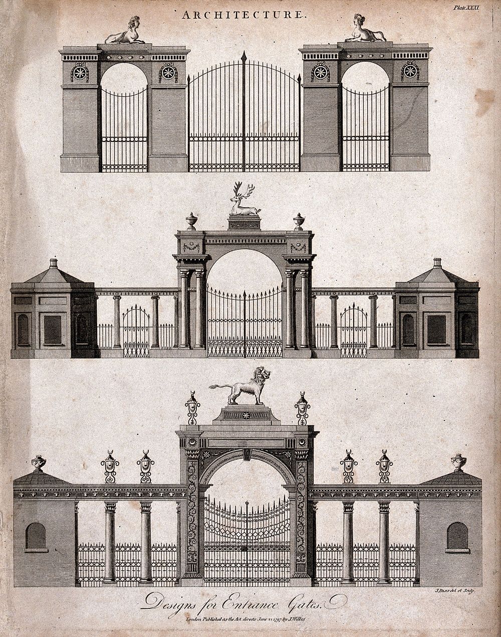 Architecture: three designs for gates to country houses. Engraving by J. Pass, 1797, after himself.