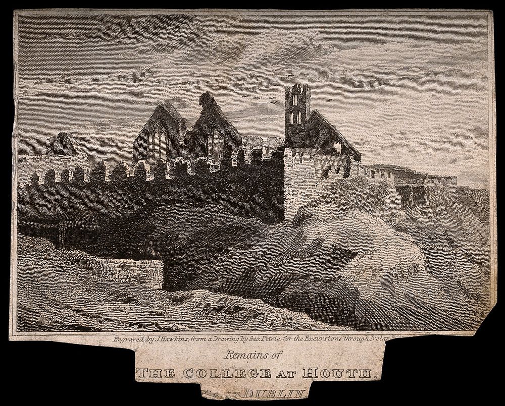 Howth College, Dublin, Ireland: ruins. Line engraving by J. Hawkins after G. Petrie.